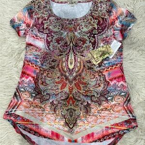 ONE WORLD Multicolor Paisley Short Sleeve Top